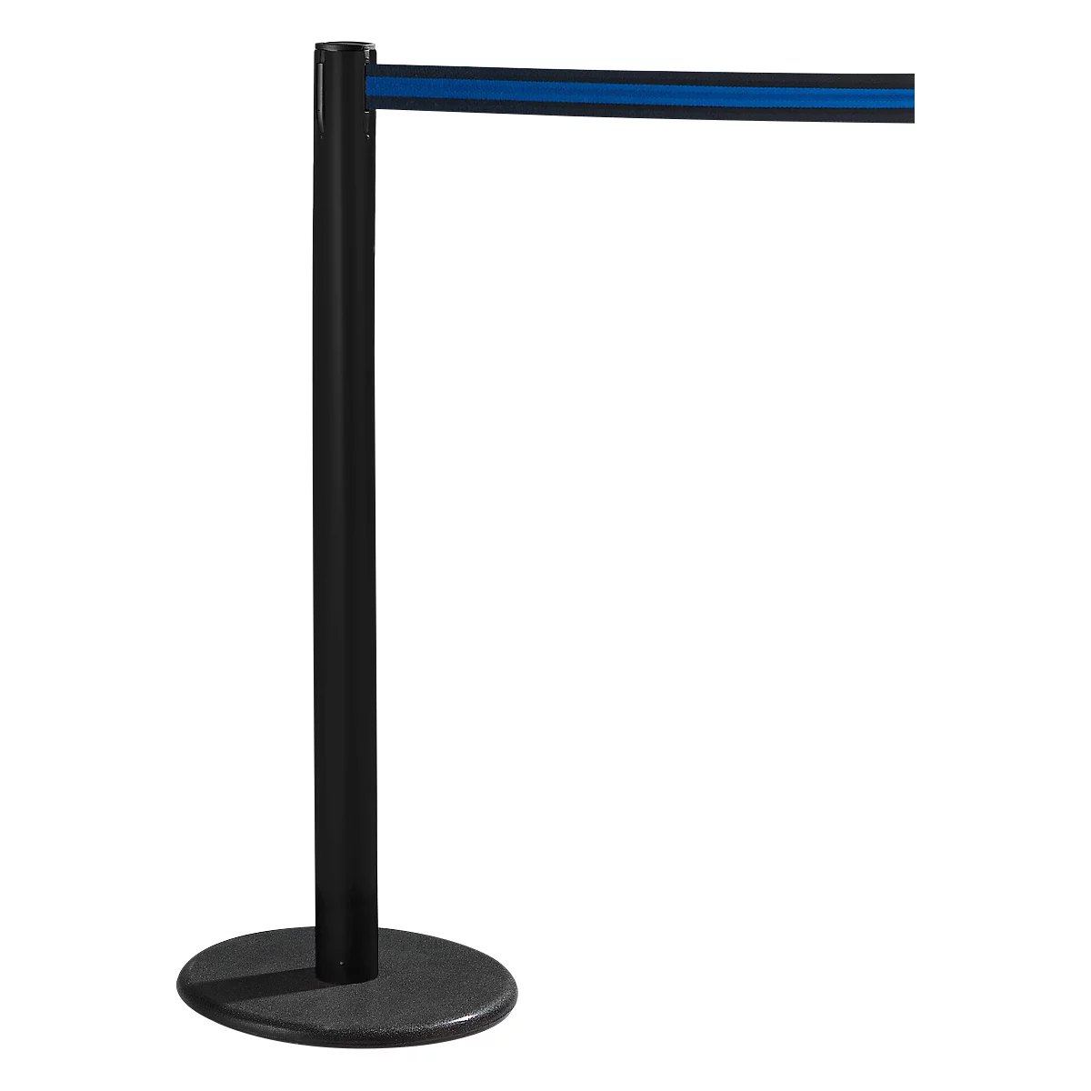Black stanchion with blue ribbon, on a white background.