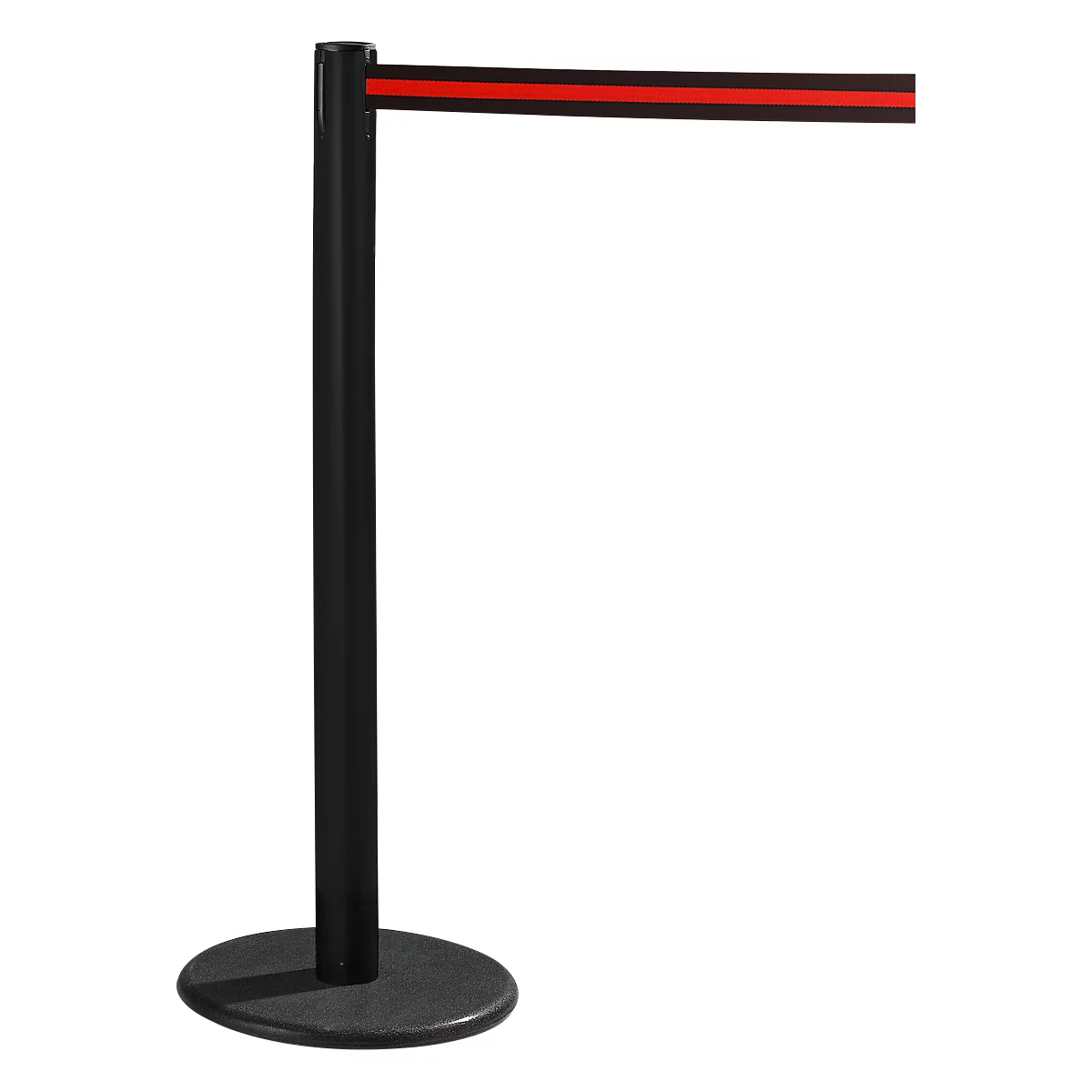 Black stanchion with red ribbon. Standing on a round base.