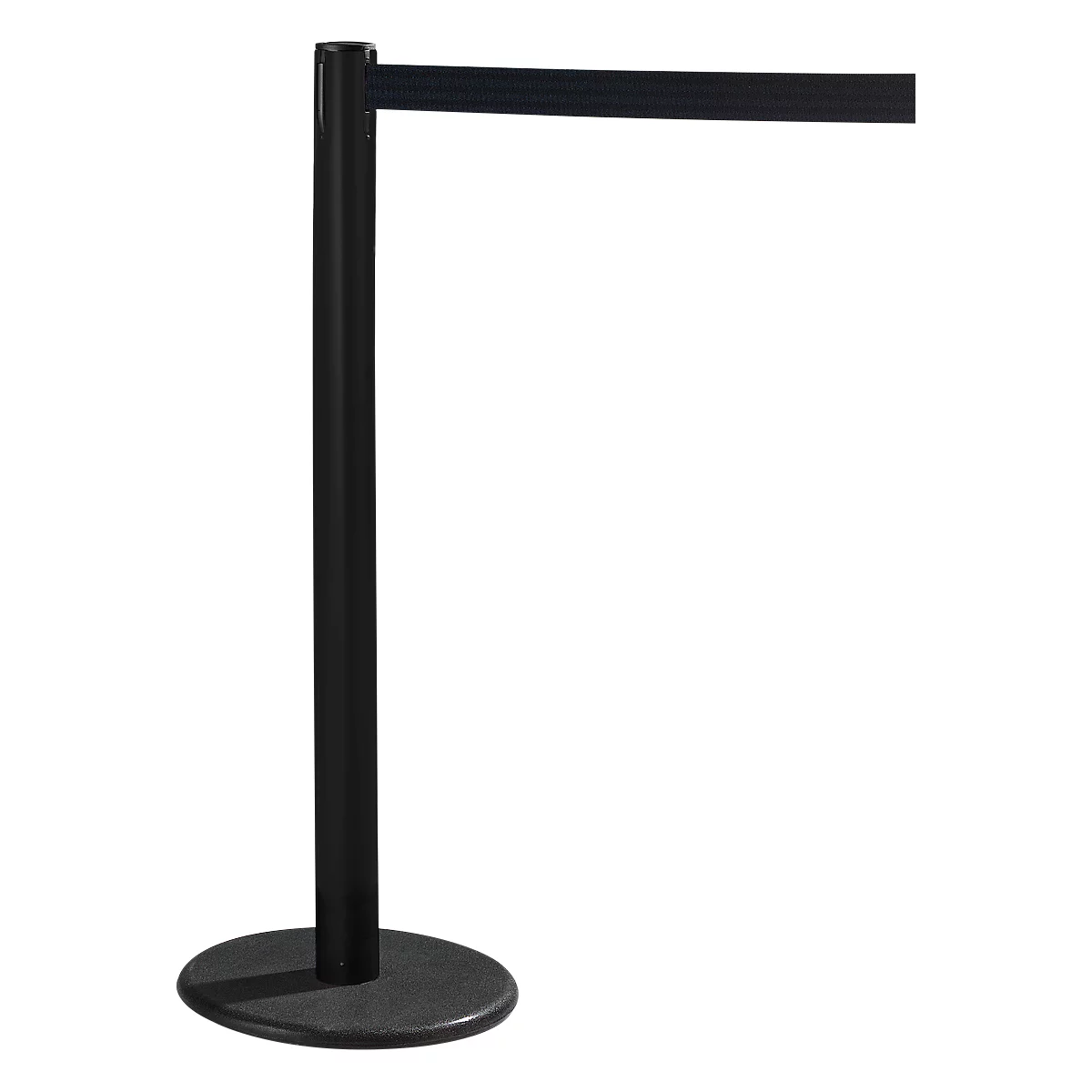 Black stanchion with black band. The stanchion stands on a round, dark base. The band runs horizontally.