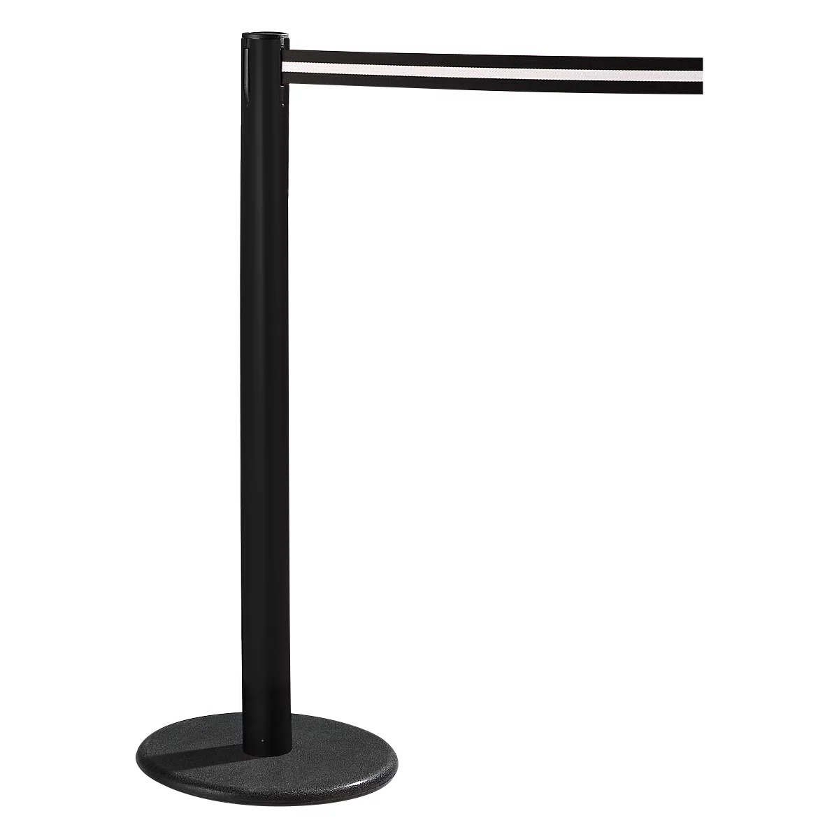 Black barrier post with a black and white striped band. It stands on a round, dark base.