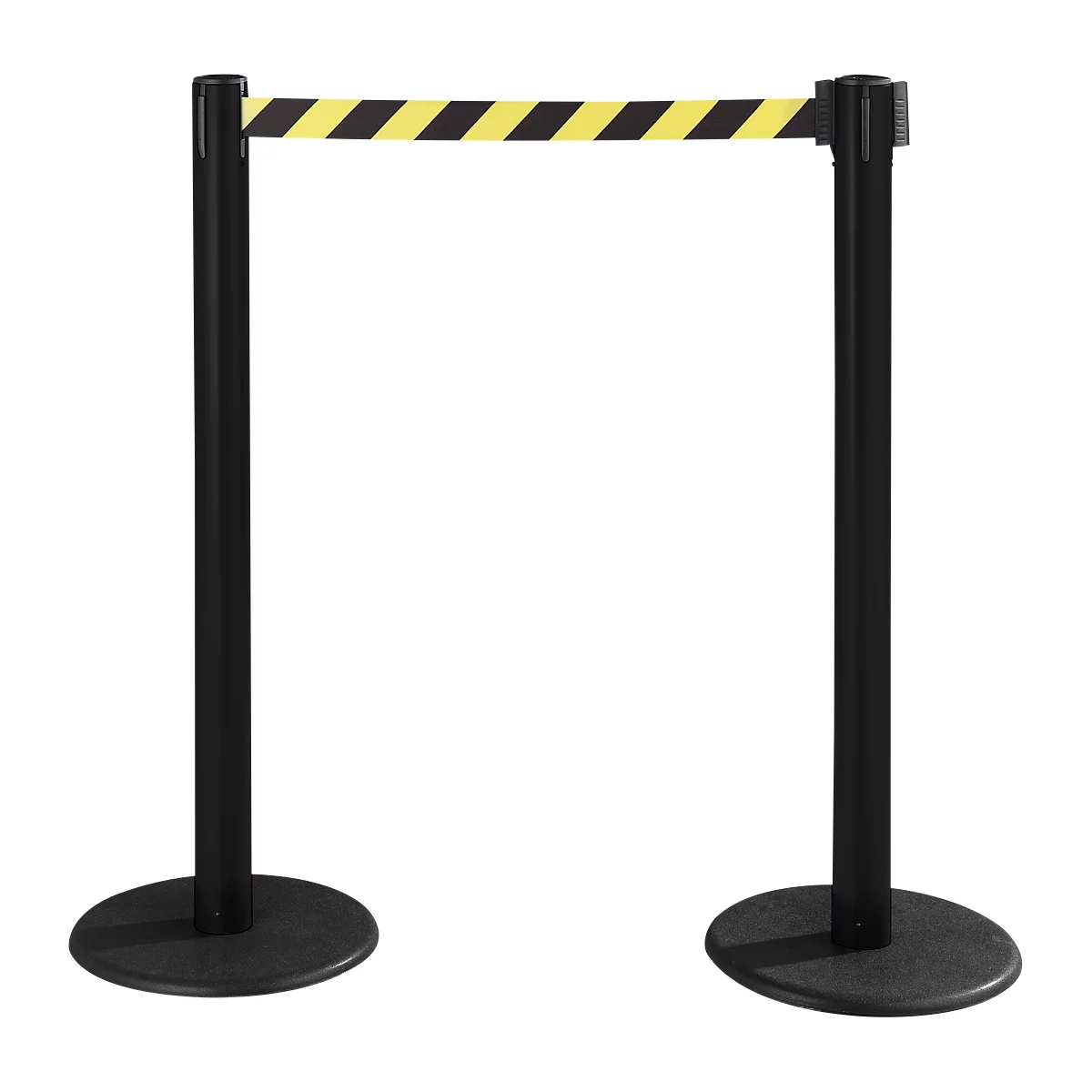 Two black bollards with a yellow and black striped barrier tape span a passage on a white background.