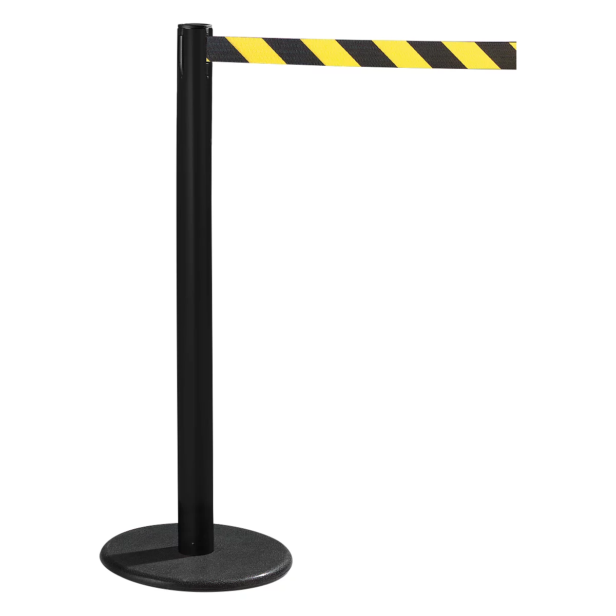 Black stanchion with yellow and black striped band.