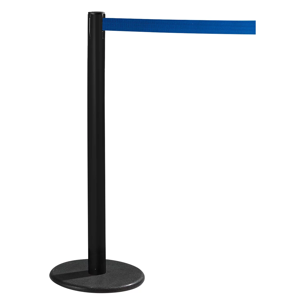 Black stanchion with blue belt. The belt is attached to the top of the pole.