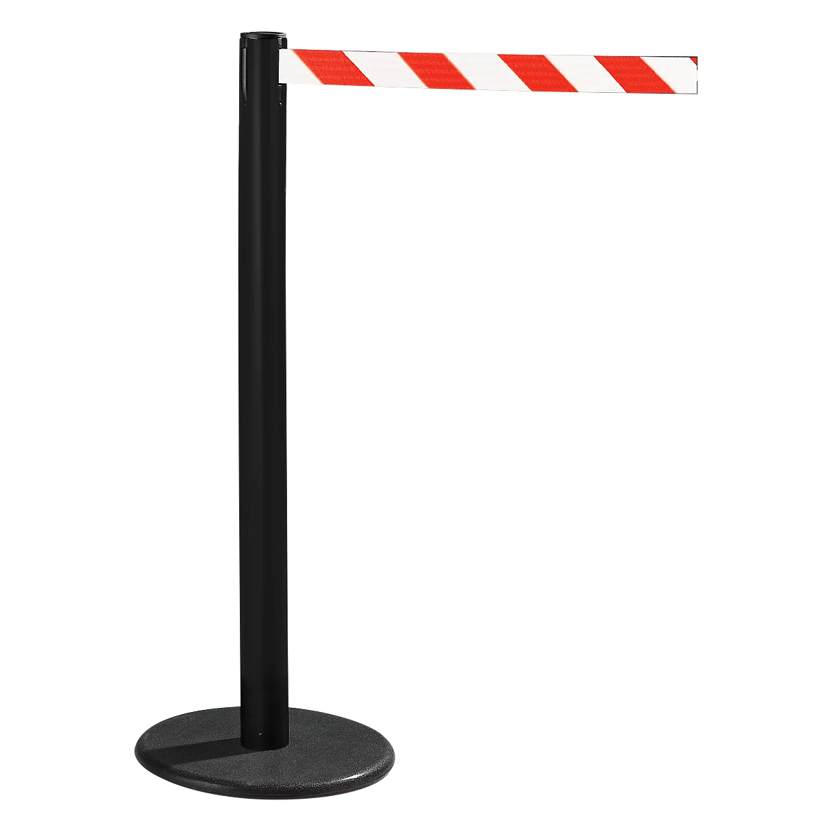 Black stanchion with a red and white striped barrier tape, round base.
