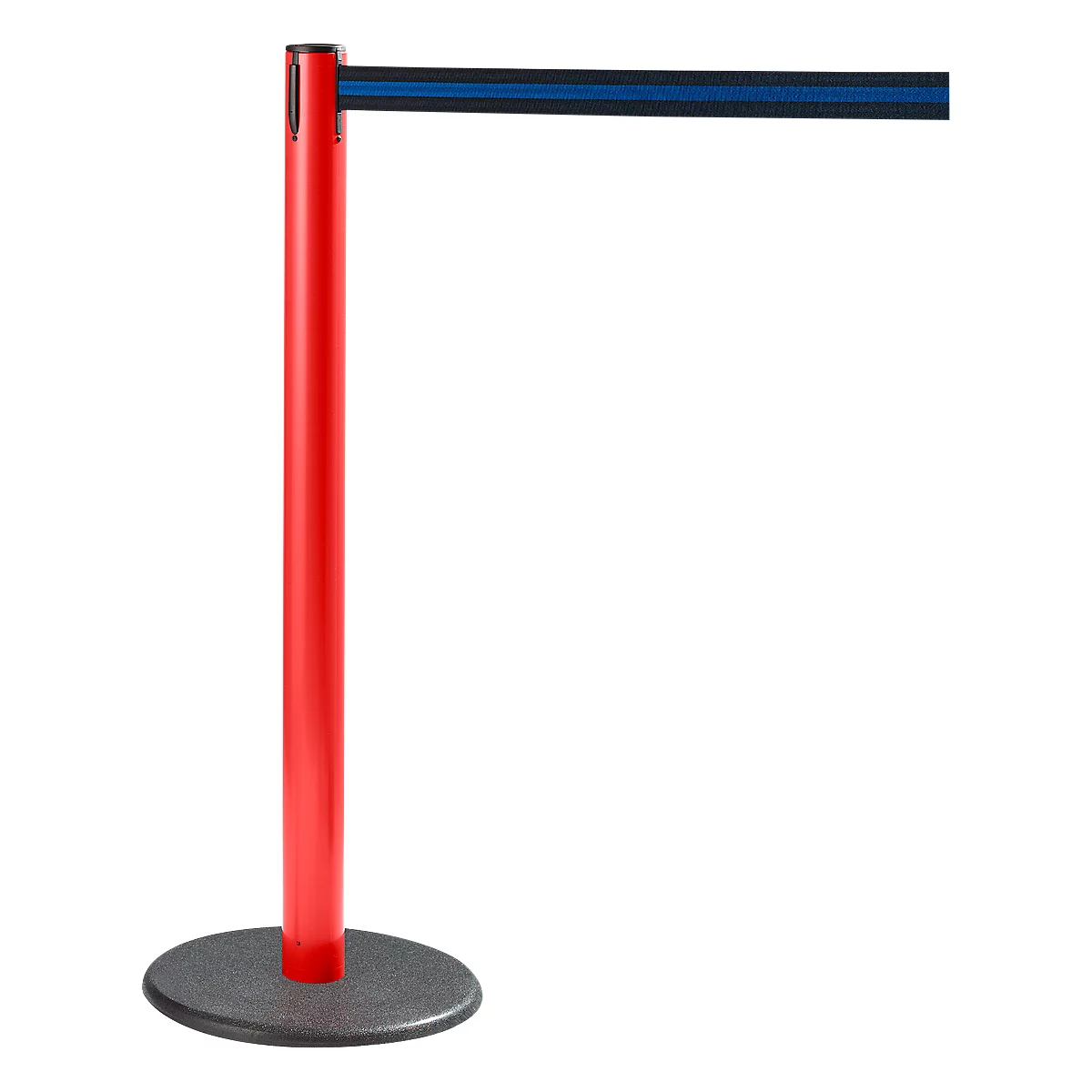Red stanchion with blue belt extending horizontally. Dark round foot.