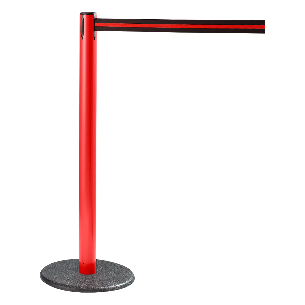 Red stanchion with black and red striped retractable belt. On gray base. Front view, isolated.