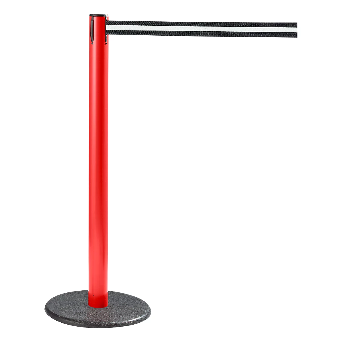 Red stanchion with a black and white striped band. The stanchion has a round, grey base.