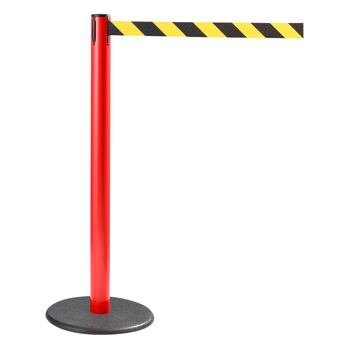 Red stanchion with black and yellow striped strap. On gray base, for queues or barriers.