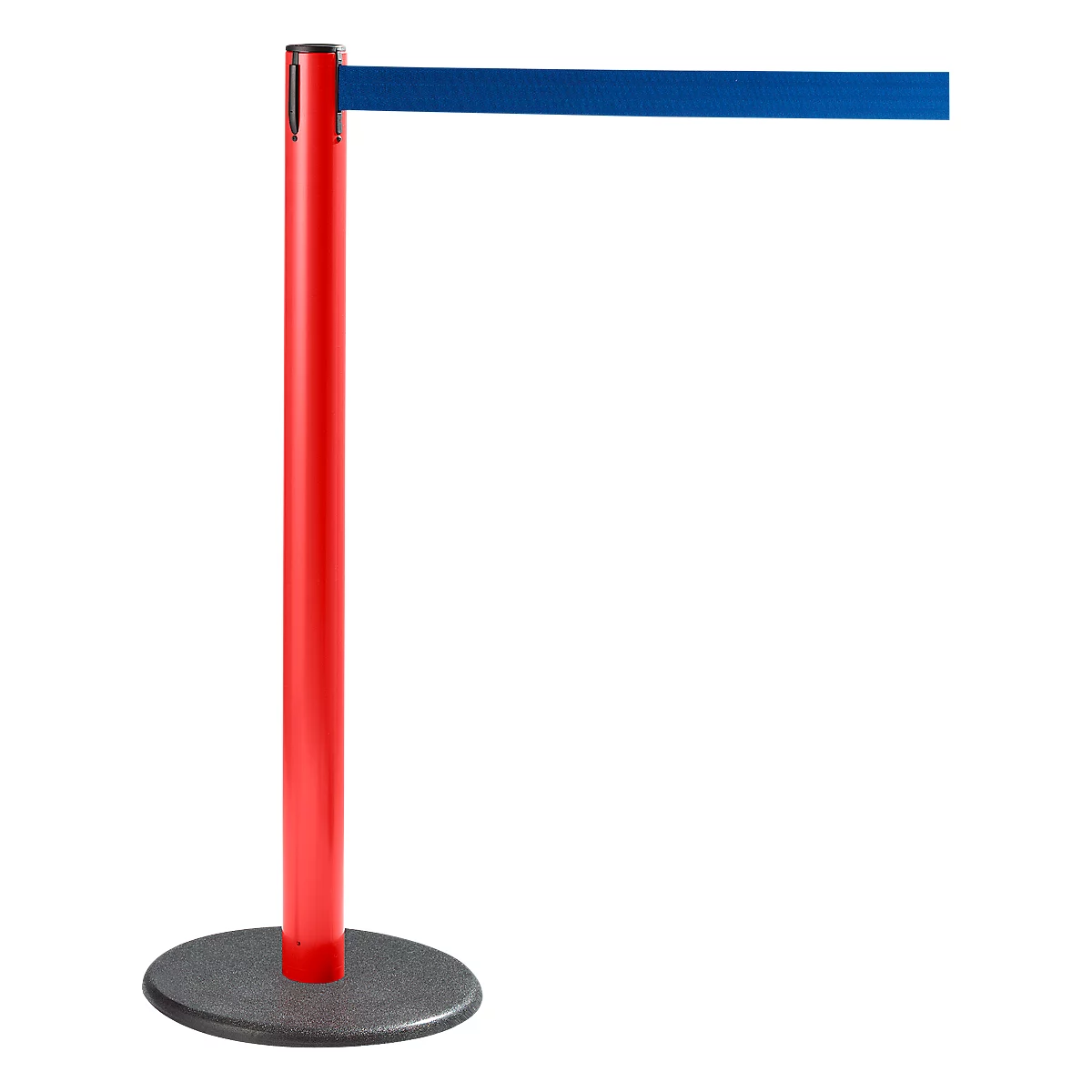 Red stanchion with blue band, grey base.