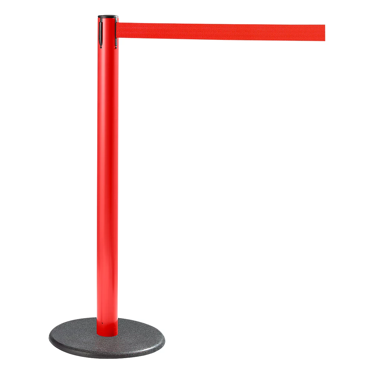 Red stanchion with black base and extended red band, against a white background.