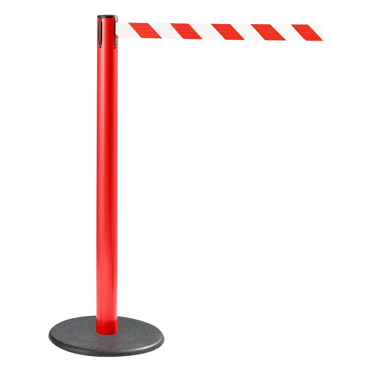 Red stanchion with white and red barrier tape, on gray base. On a white background.