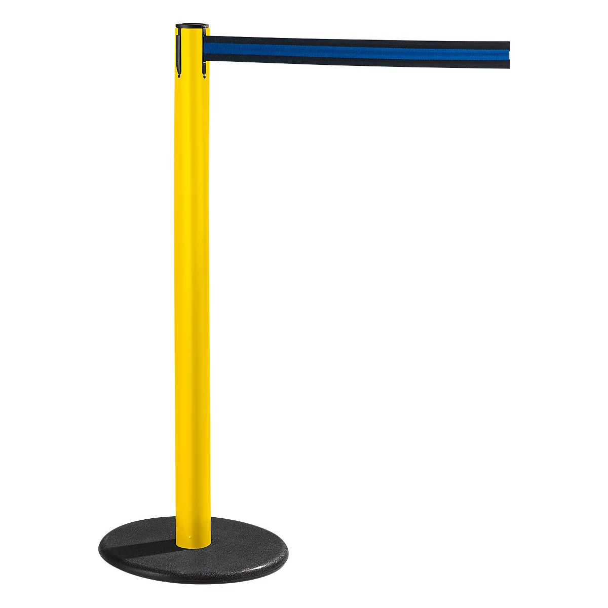 Yellow and black stanchion with blue belt, against white background.