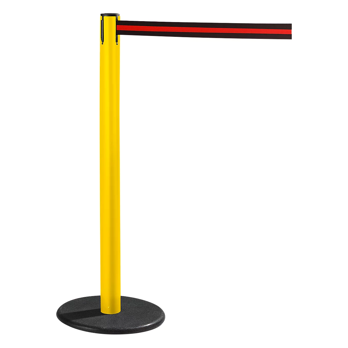 Yellow and black stanchion with red band. Black round foot, yellow pole, black top with red band.