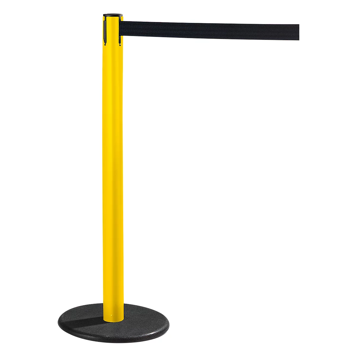 Yellow and black barrier post with a black retractable belt. Black round base. The pole has a smooth surface.