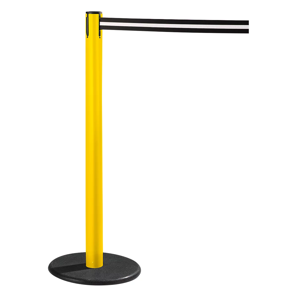 Yellow stanchion with black and white striped retractable belt.
