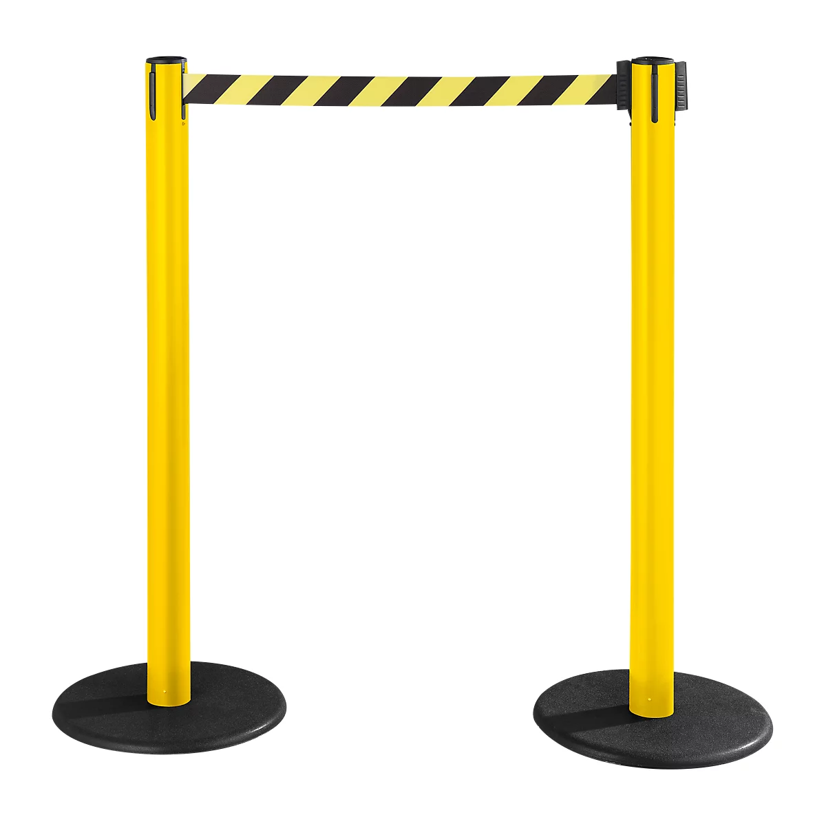 Yellow stanchions with black and yellow striped barrier tape. Both stanchions stand on black, round bases.