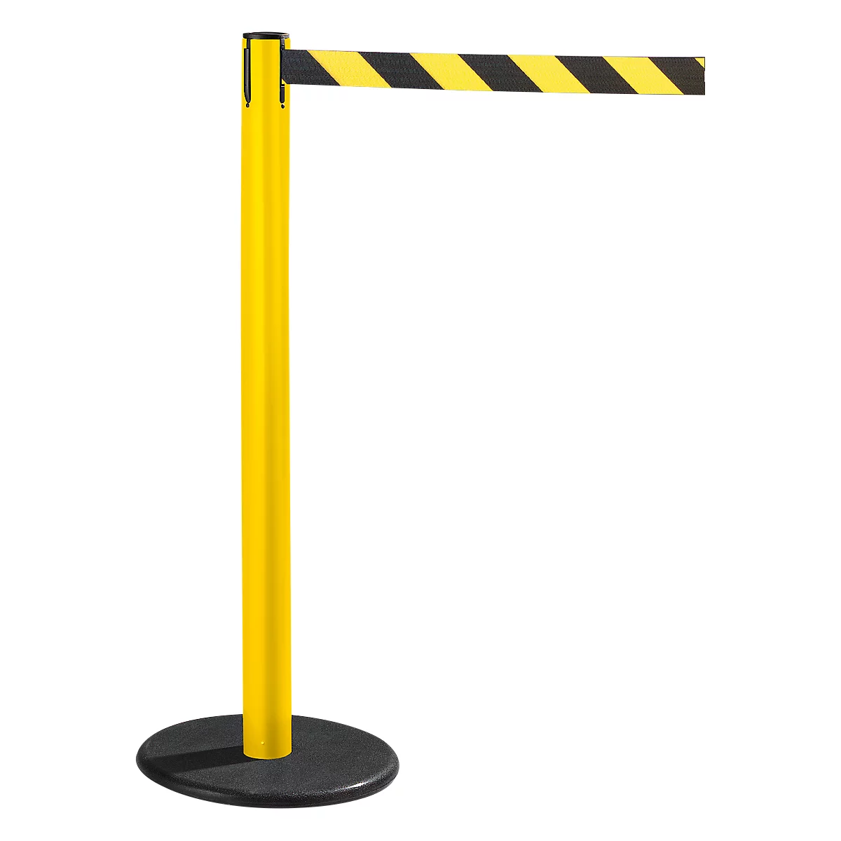 Yellow stanchion with black and yellow striped retractable belt. Black base, white background.