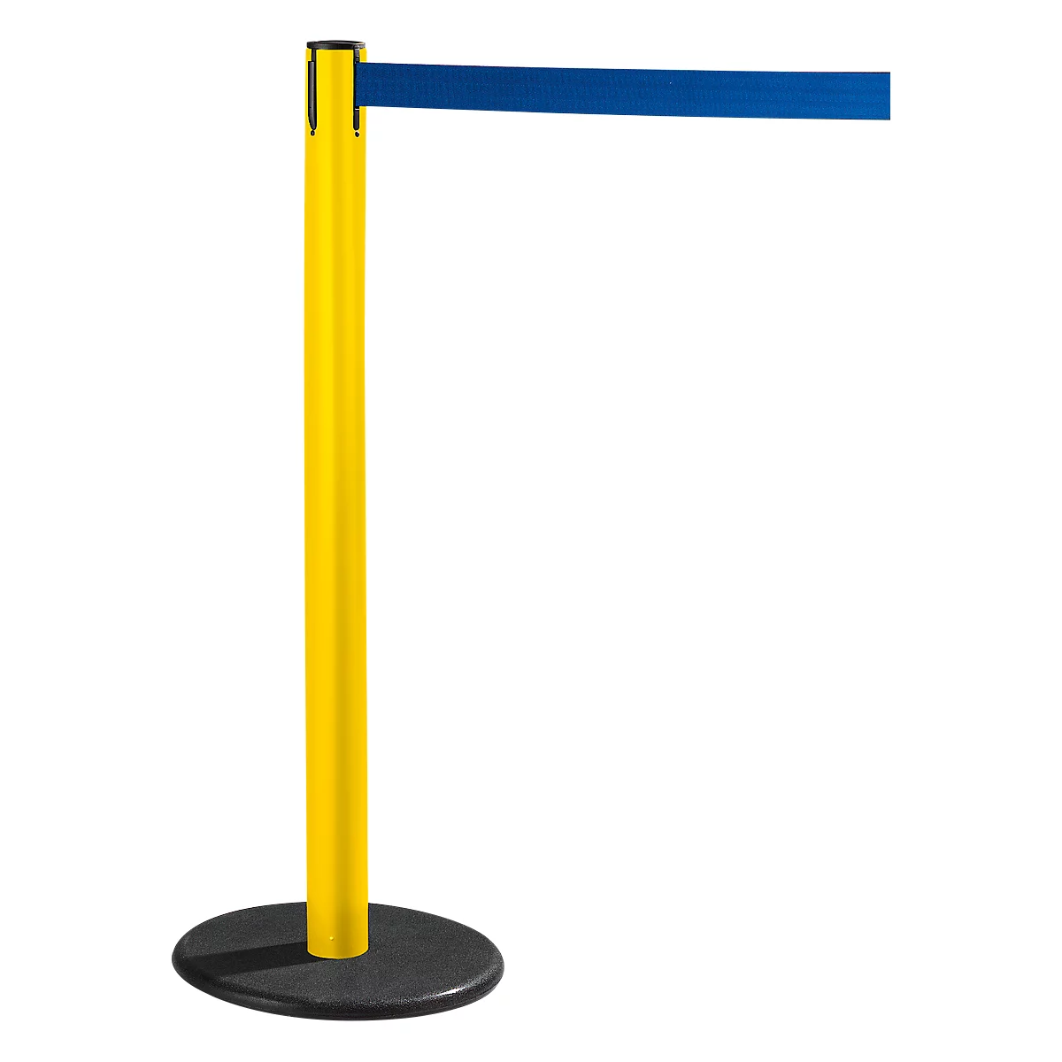 Yellow barrier post with blue band against a white background. Black, round foot.