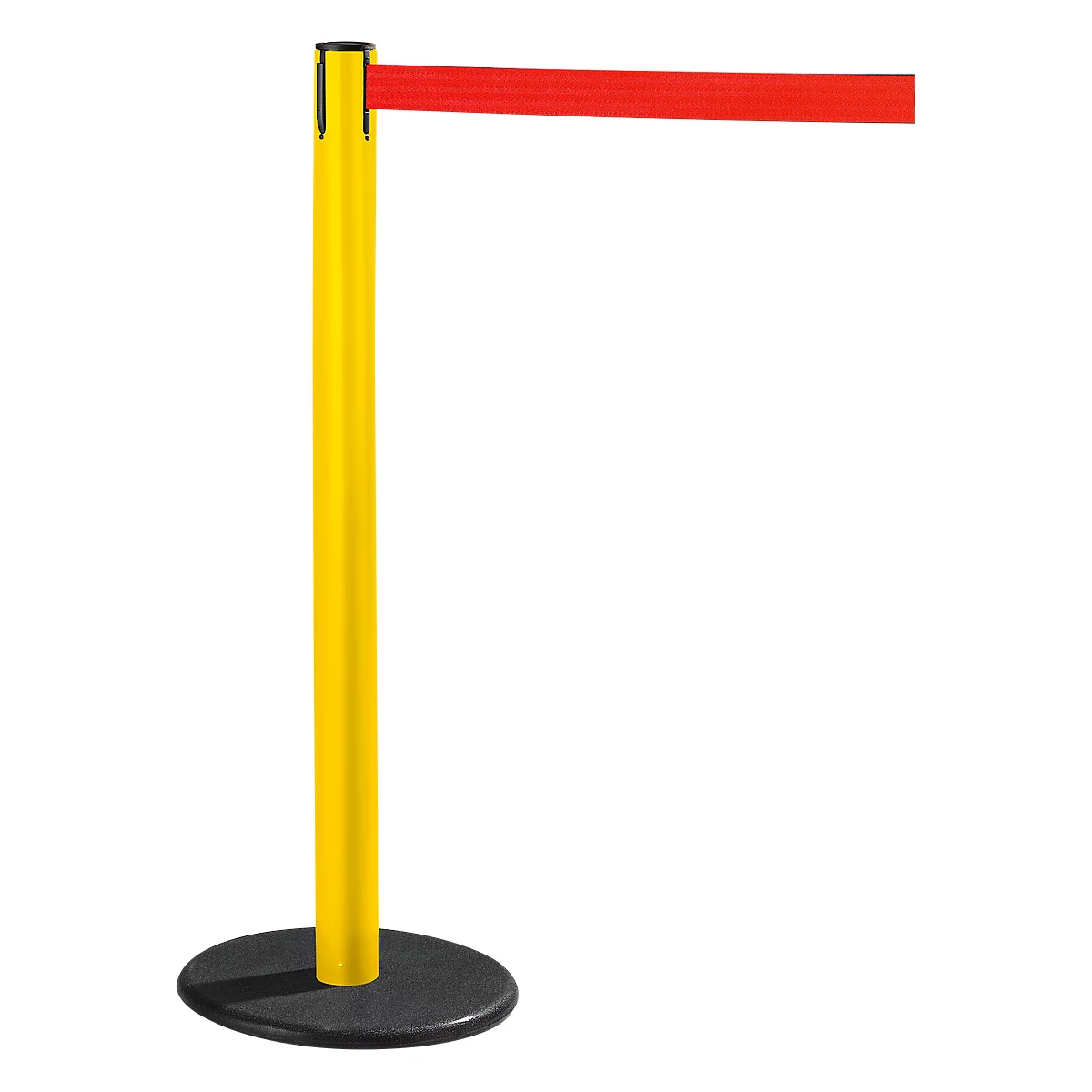 Yellow and black stanchion with red belt against white background.
