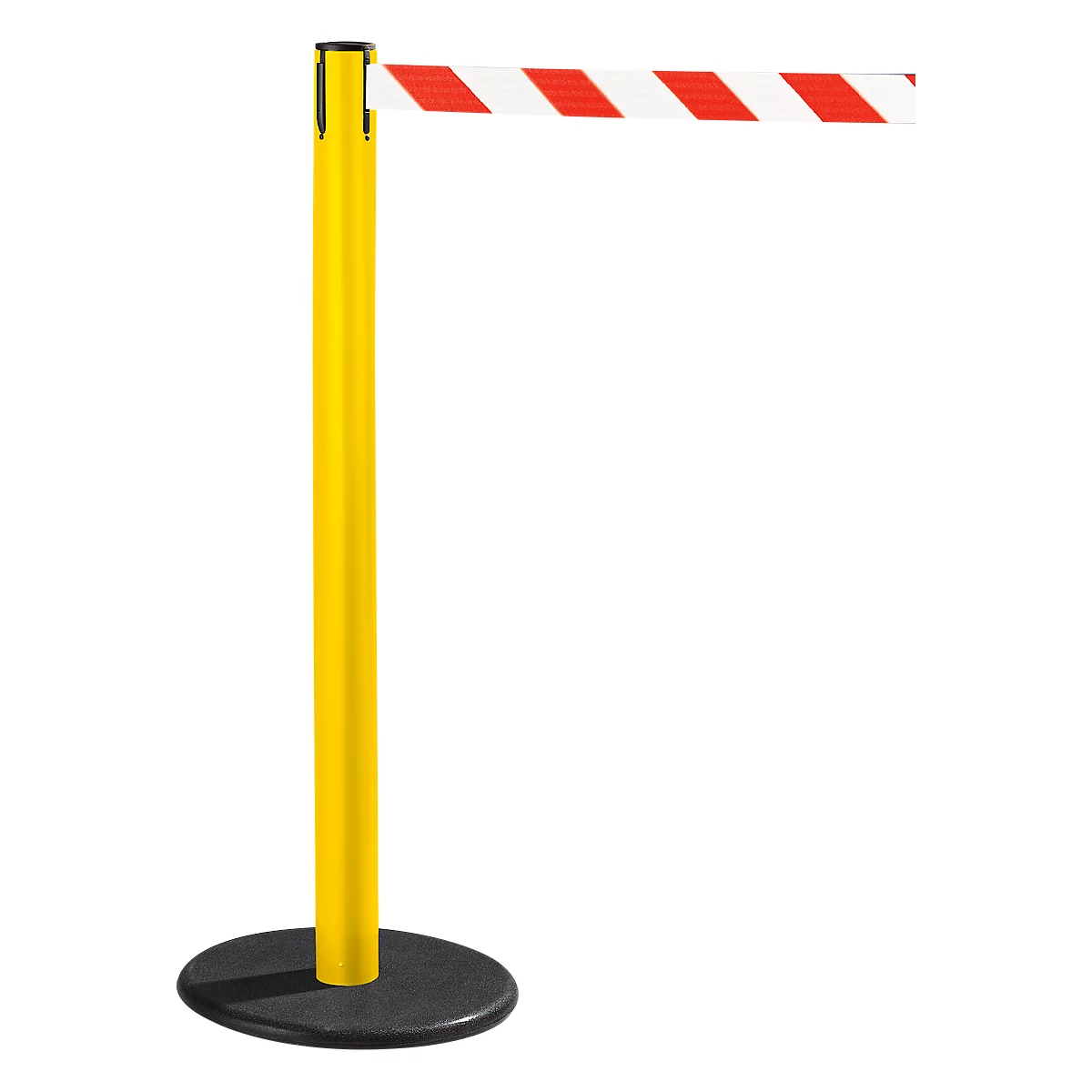 Yellow barrier post with red and white striped tape. Black round foot.