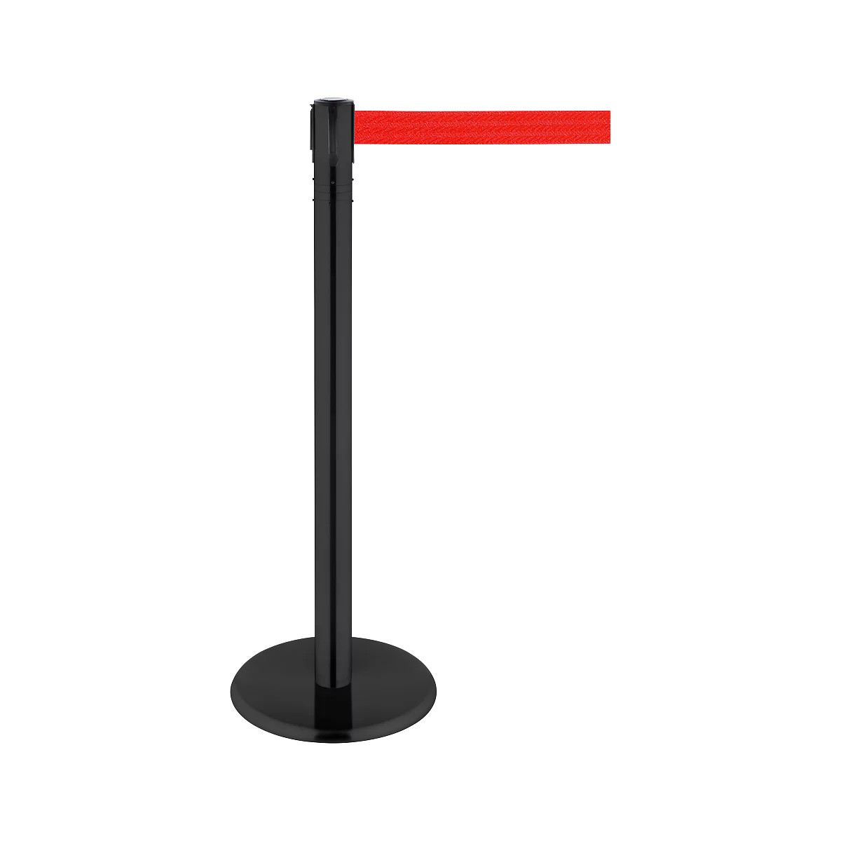 Black stanchion with red ribbon, against a white background.