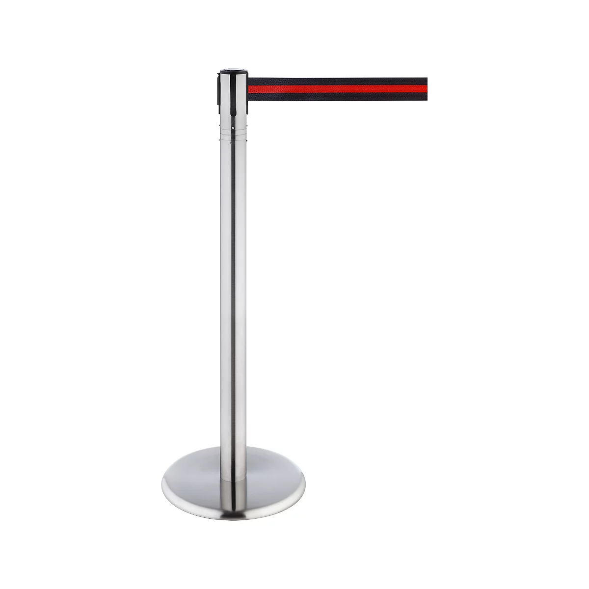 A silver stanchion with a red and black striped barrier tape attached to the top.