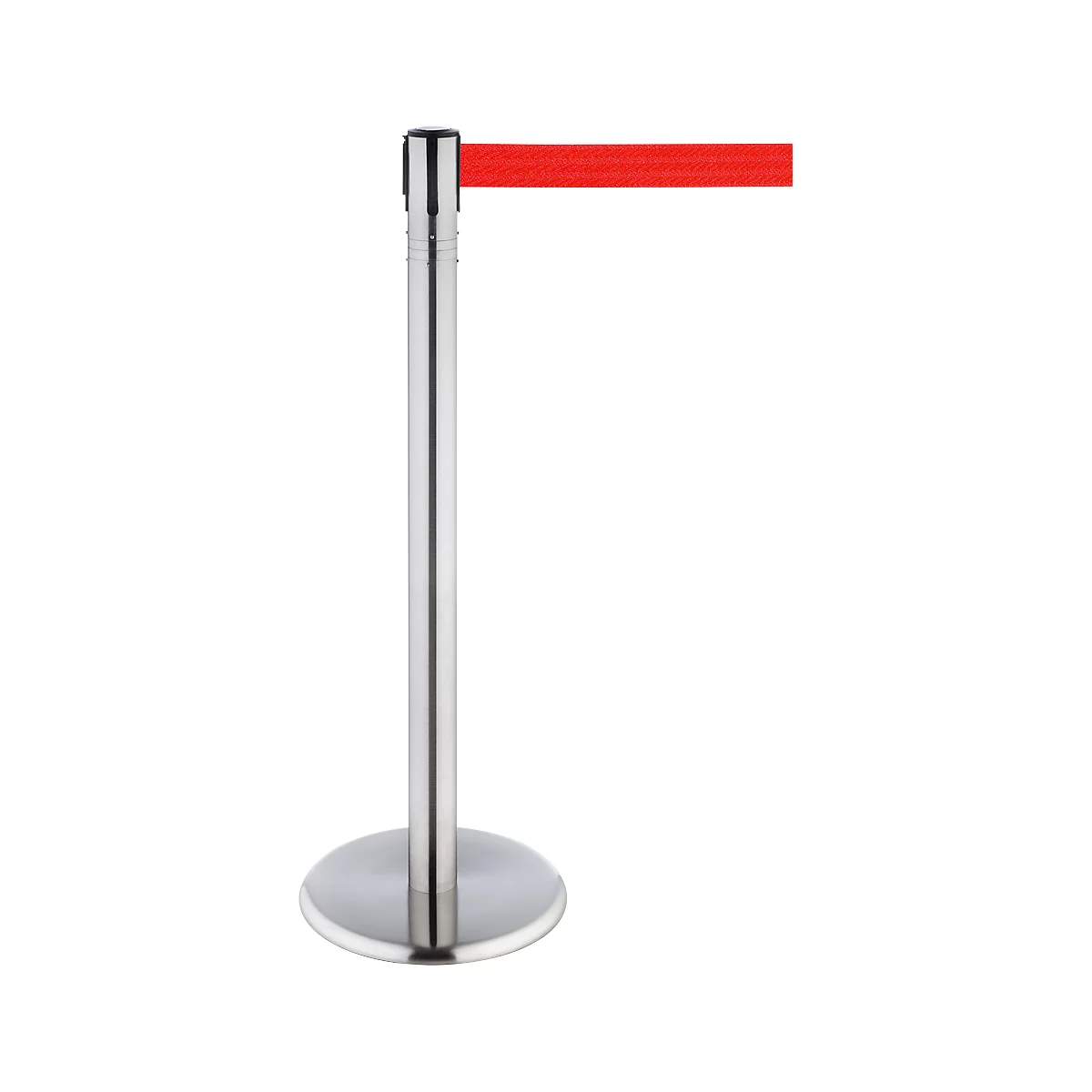 Silver stanchion with a red band, against a white background.