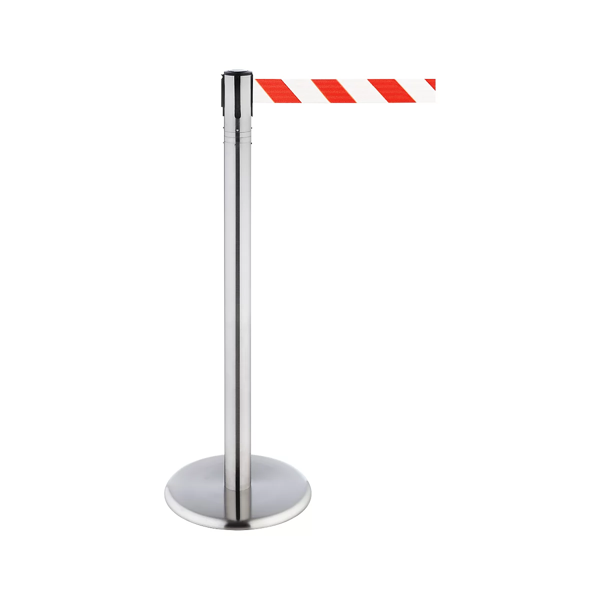 Chrome stanchion with red and white striped barrier tape.
