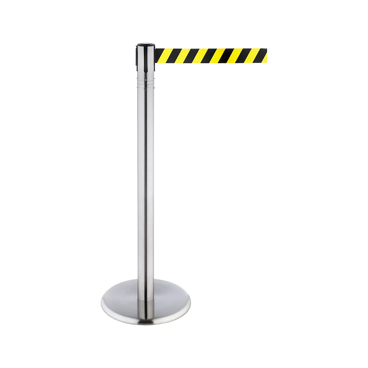 A silver stanchion with yellow and black striped tape. The post has a round base and a tape cassette.
