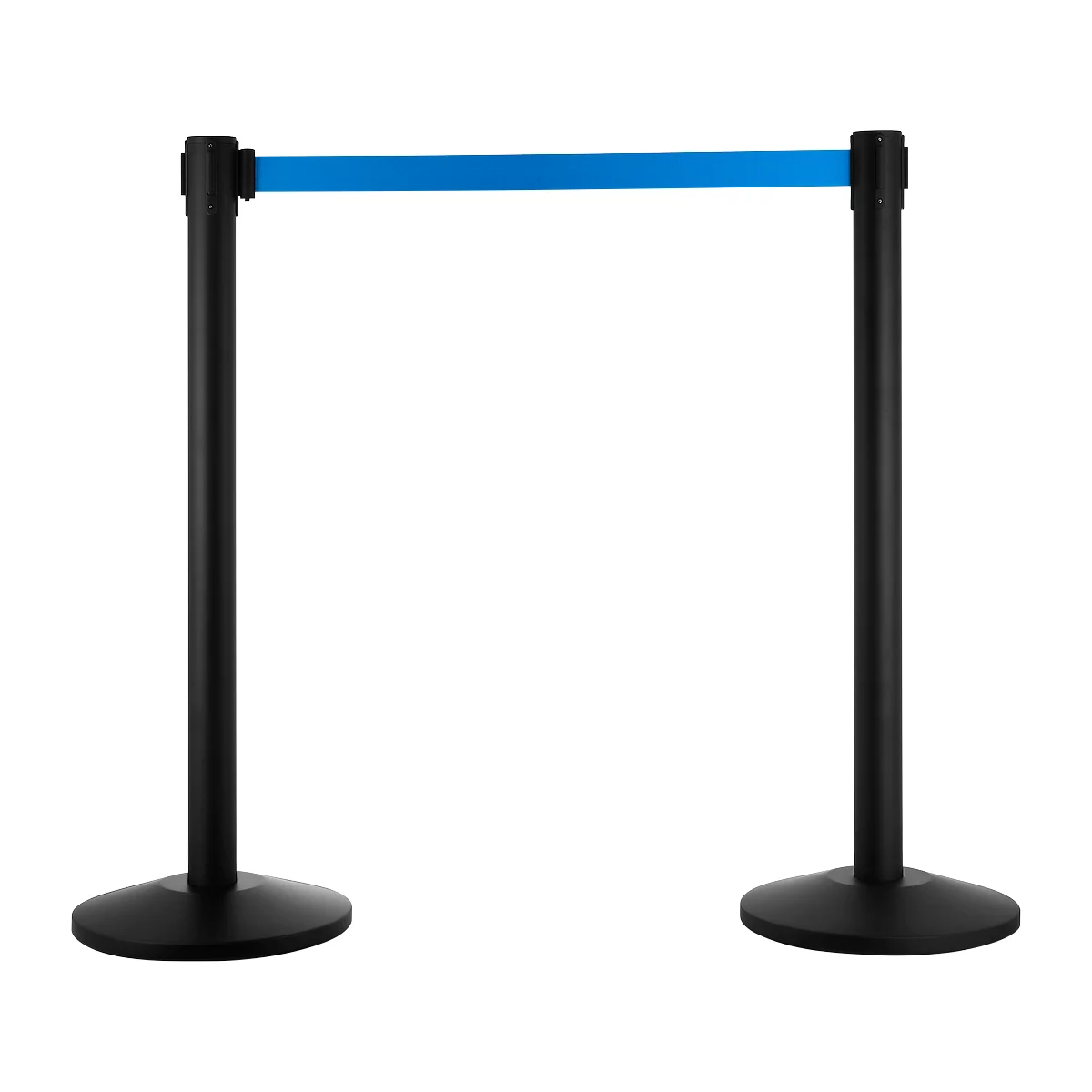 Black stanchions with a blue belt, isolated against a white background.