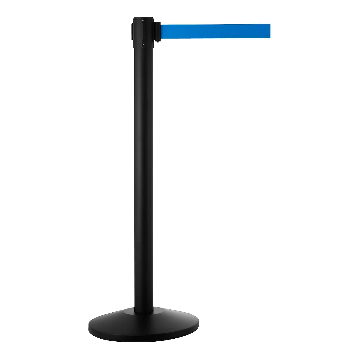 Black stanchion with blue webbing, isolated on white background.
