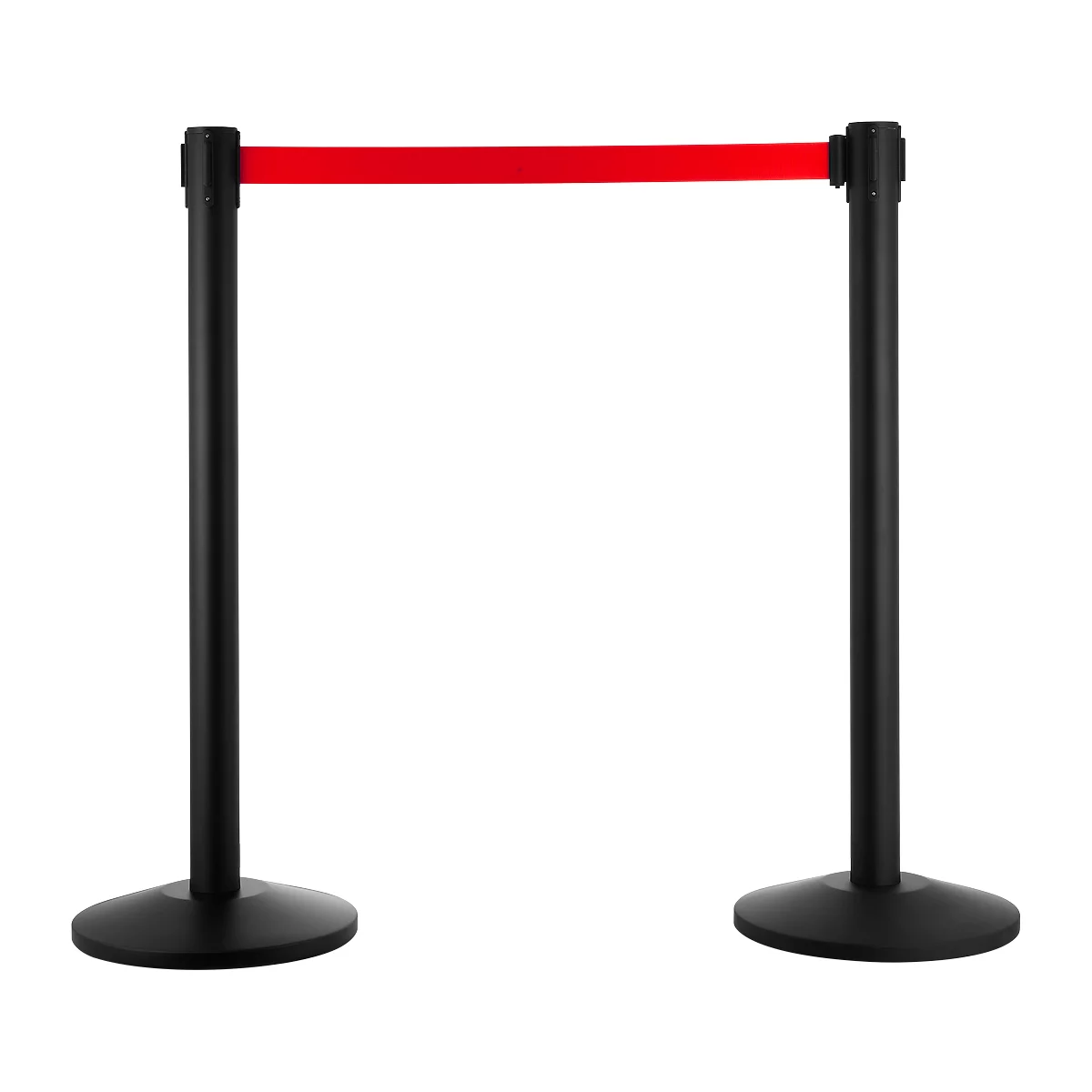 Two black stanchions with a red barrier band, forming a passage.