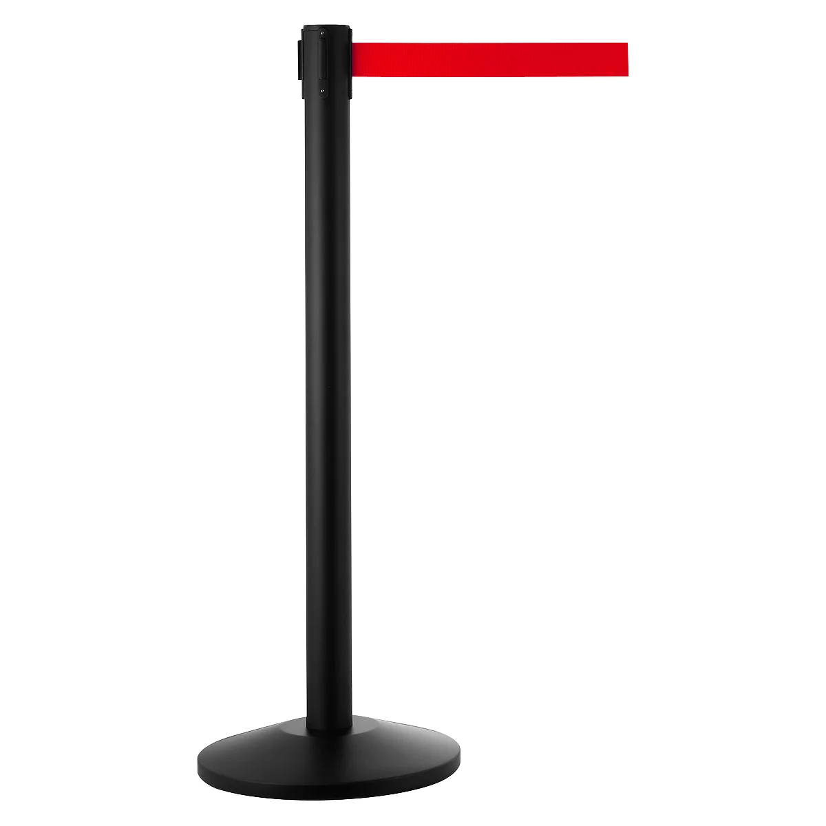 Black stanchion with red ribbon against white background.