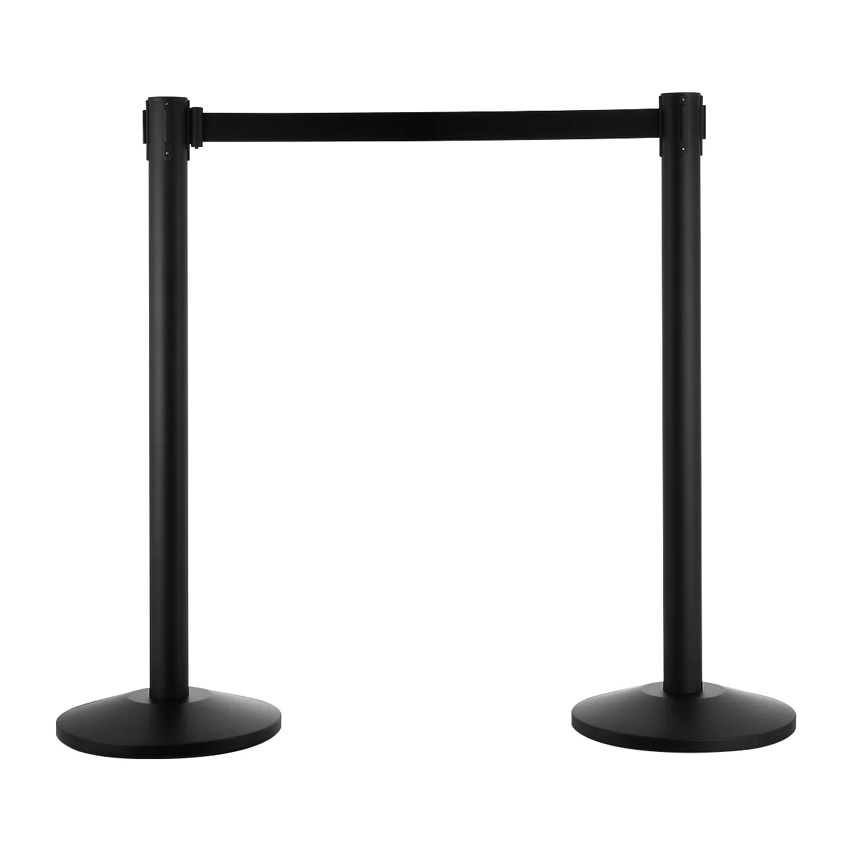 Two black stanchions with a black strap in between, against a white background.