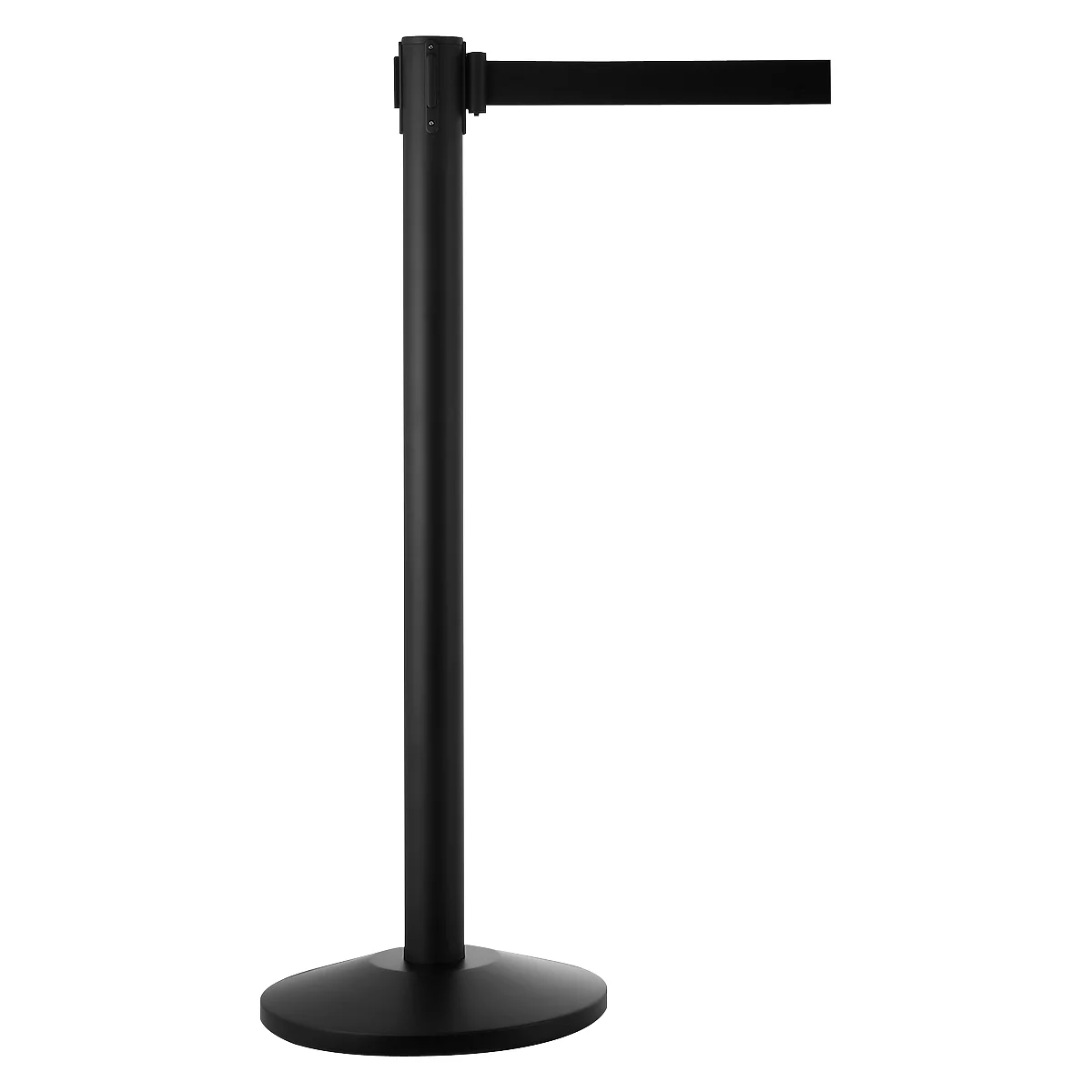 Black retractable belt barrier against a white background.