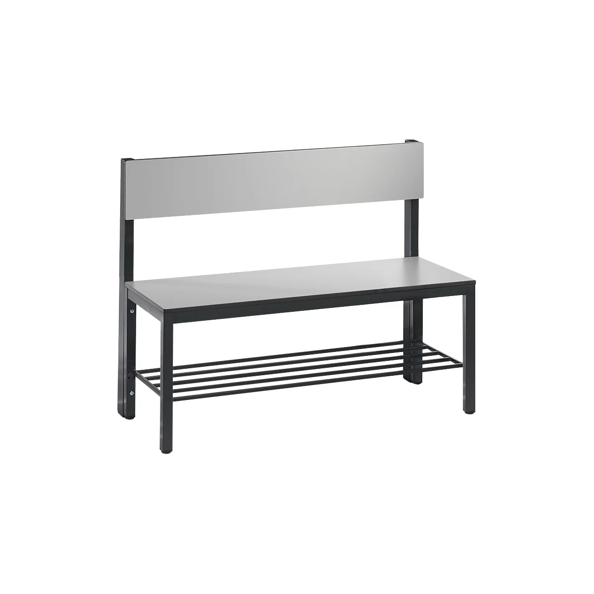 A grey bench with a backrest and shelf grid. Dark grey frame. The seat and back are light grey.