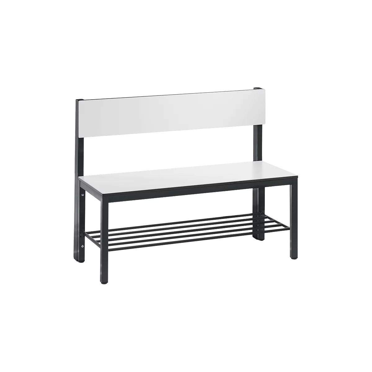 Simple bench with backrest and shelf, white seat and back, black frame.