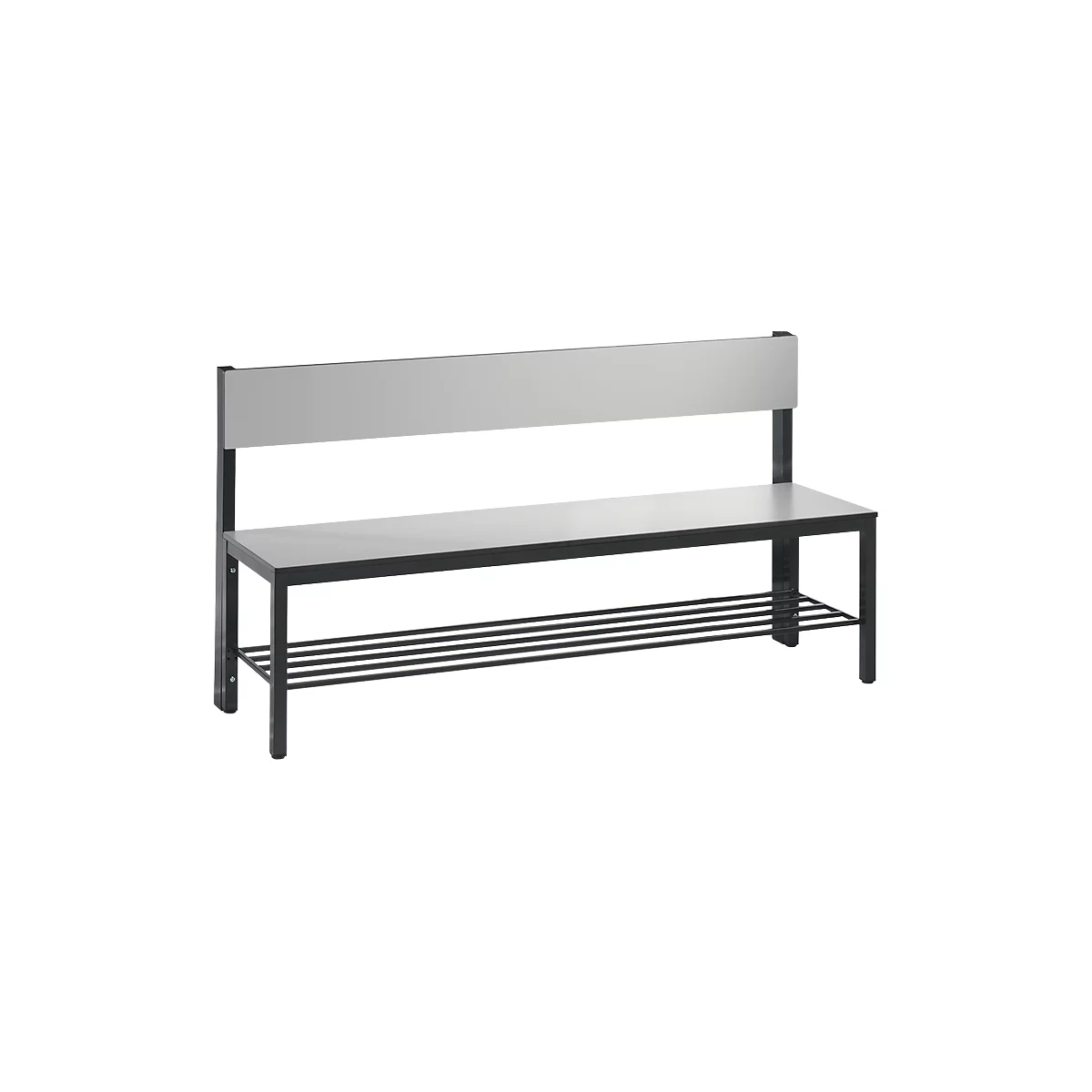 Gray bench with black frame and backrest, with a shoe rack below.