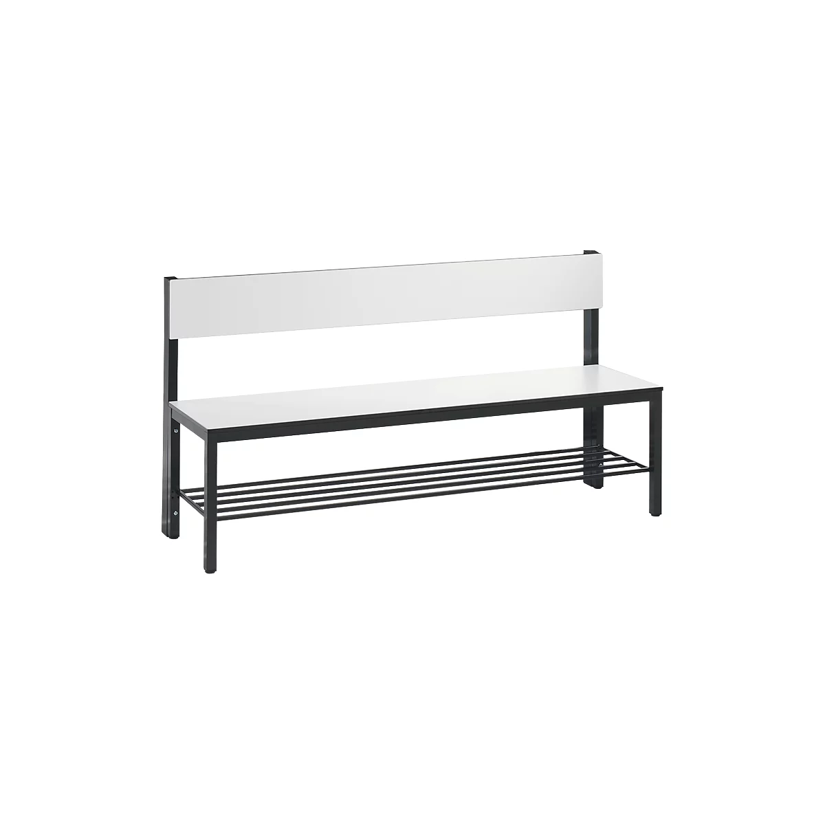 Simple bench with backrest. White seat and back, black frame and struts. Three horizontal struts under the seat.