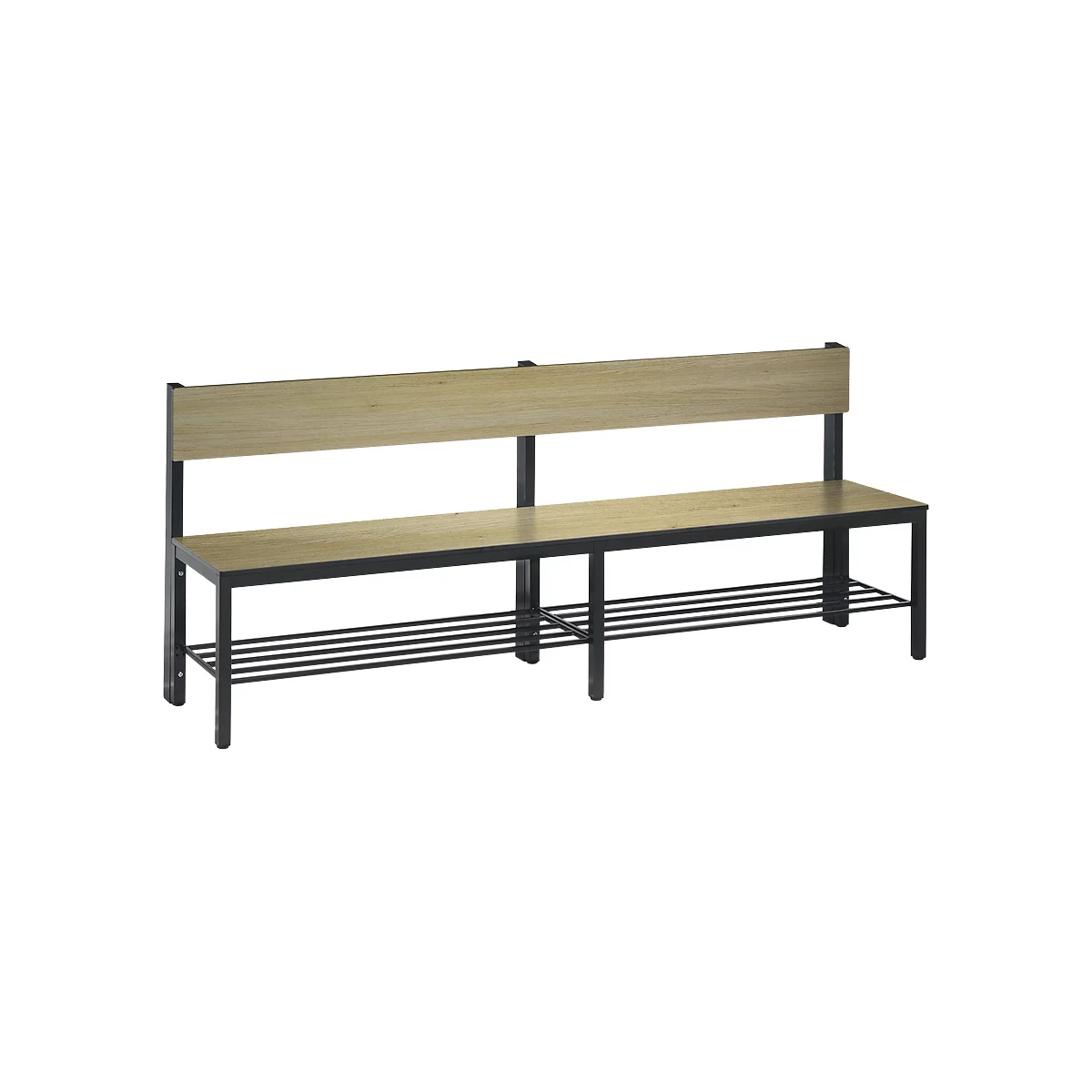 Wooden bench with backrest and metal legs, on a white background.