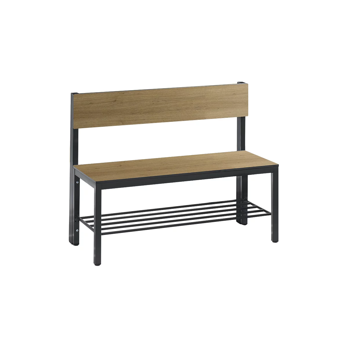 Light wood bench with black metal frame. A backrest and a shelf at the bottom.