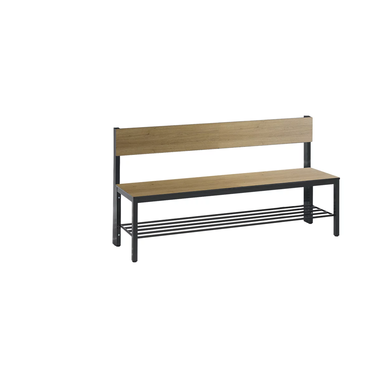 Wooden bench with black metal frame, backrest and shoe rack, isolated on white background.