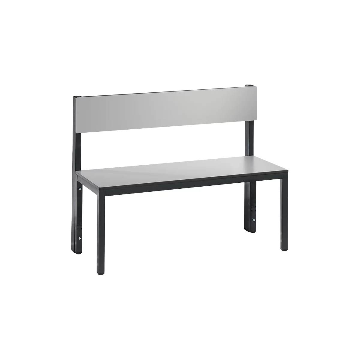 A grey bench with a backrest and black metal legs.