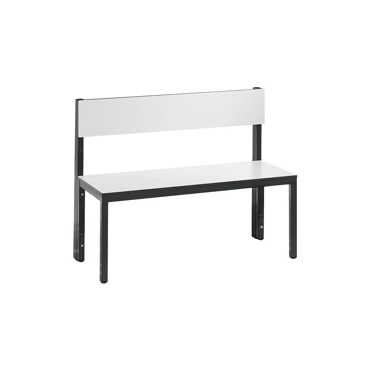 A white bench with a backrest, black frame and legs, against a white background.