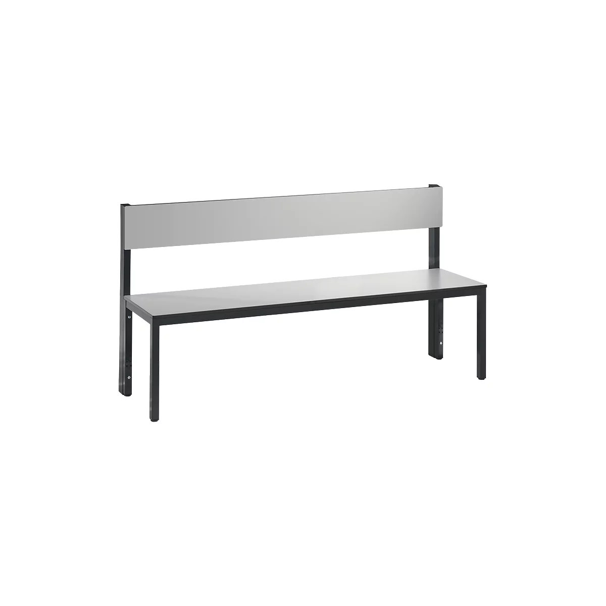 A gray bench with a backrest and black metal legs.
