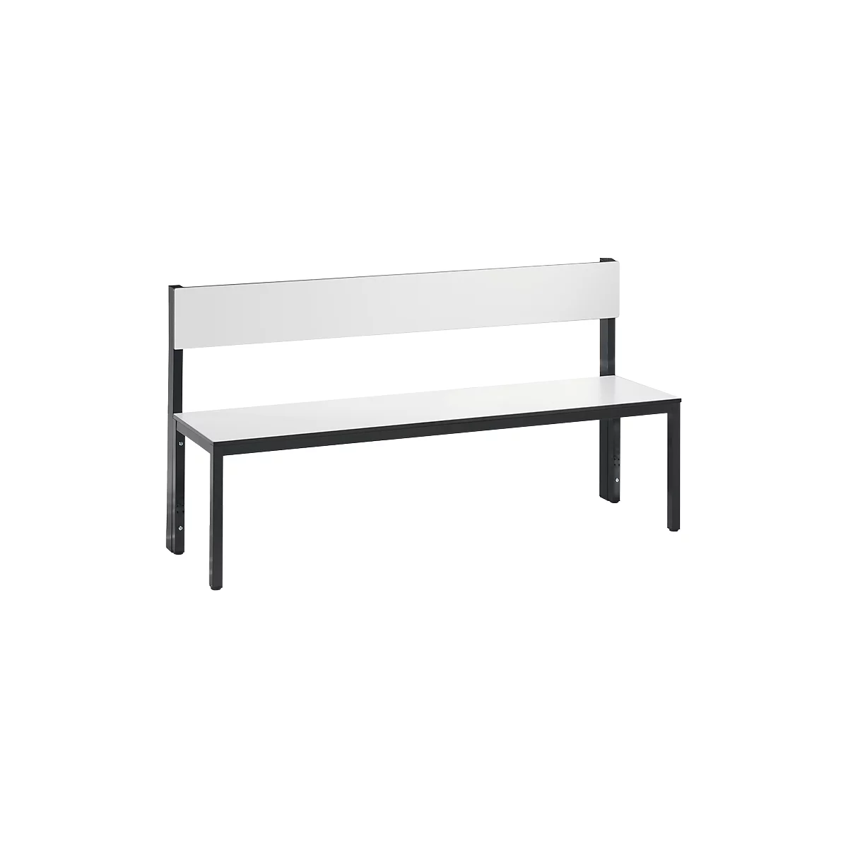 A white bench with a black metal frame and backrest.