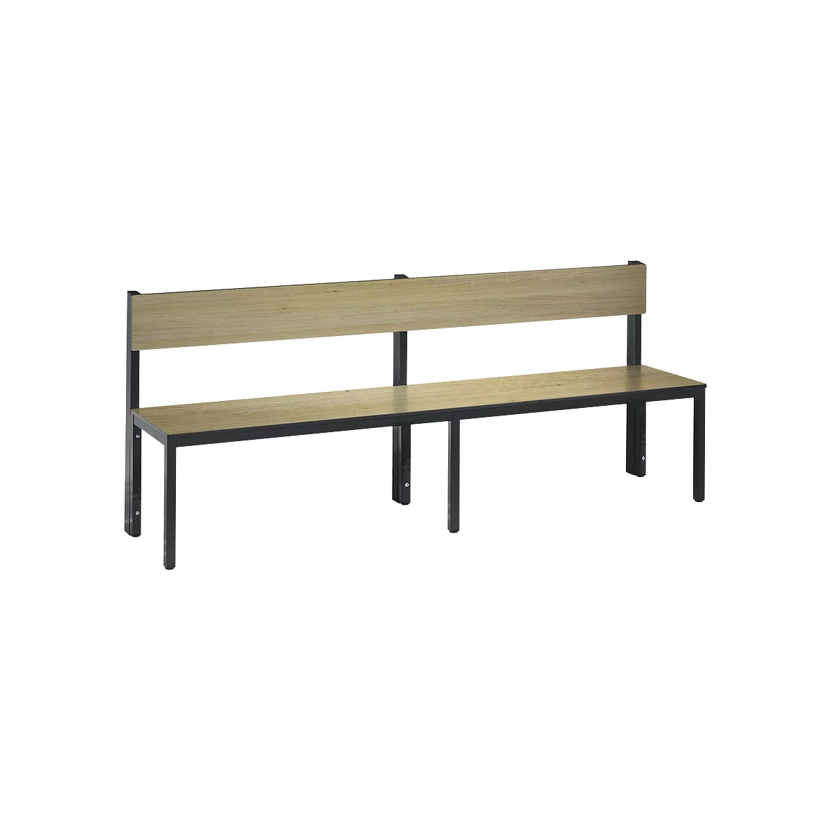 Wooden bench with a black frame, seat and back in wood look.