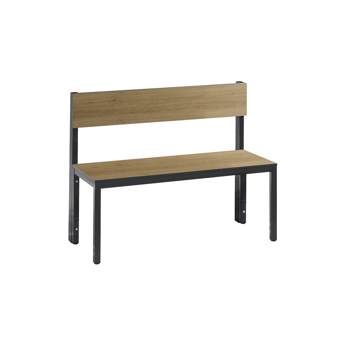 Brown bench with backrest and black metal legs. The seat and backrest are made of wood.
