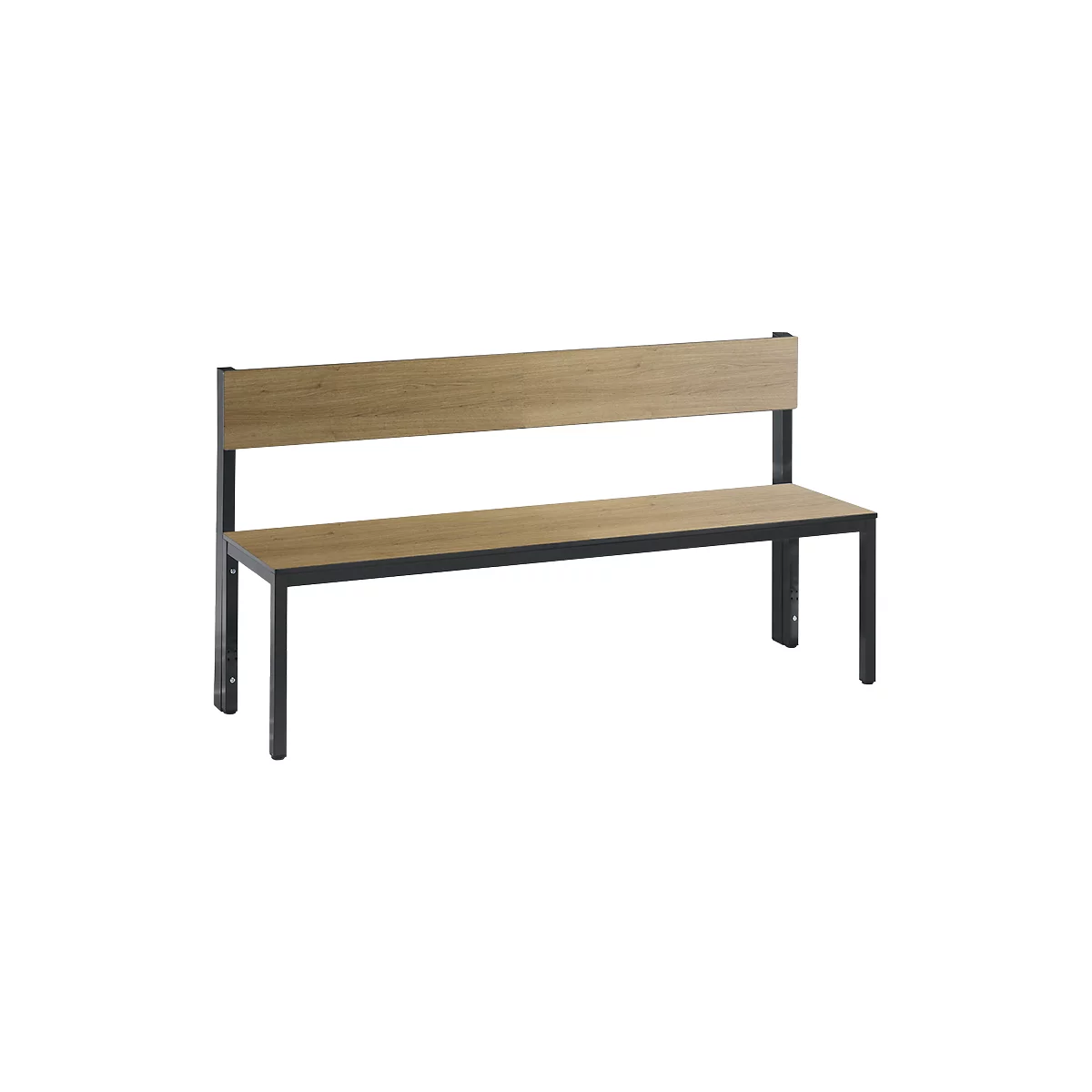 Wooden bench with backrest, black metal frame. Brown seat and backrest.
