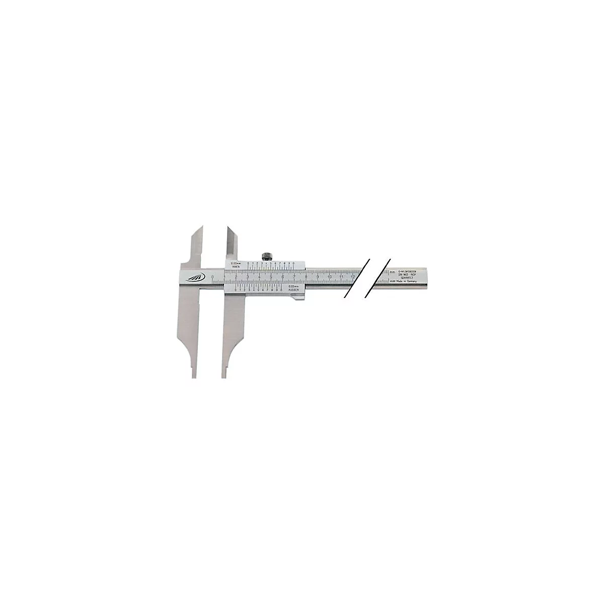 A silver caliper, detail view. Scale with numbers. The caliper is arranged flat on a white background.